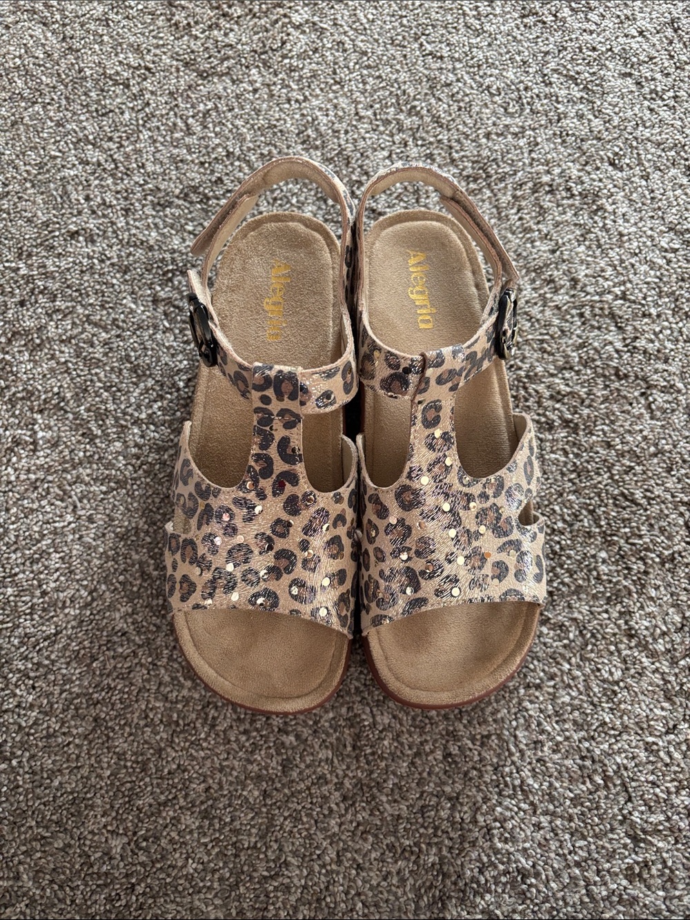 Alegria Womens Leopard Print Tan and Black Sandals